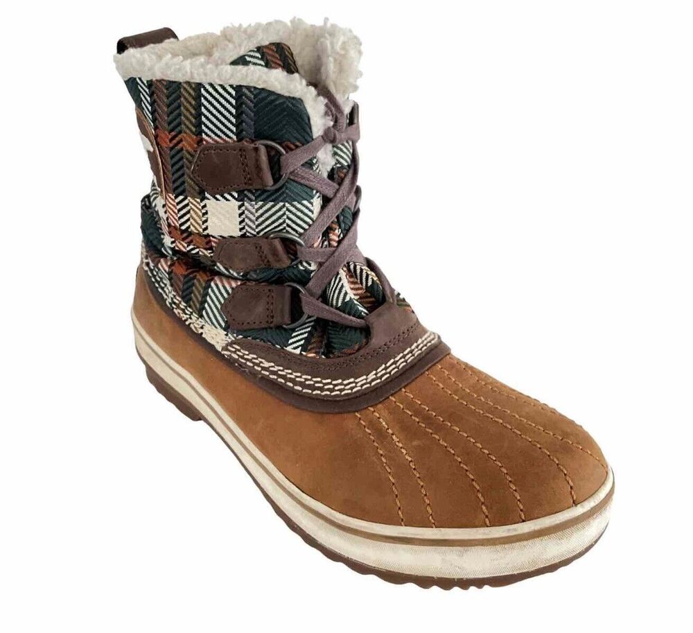 Sorel Leather Plaid Lined Lace-up Outdoor Short Boots Tan 7